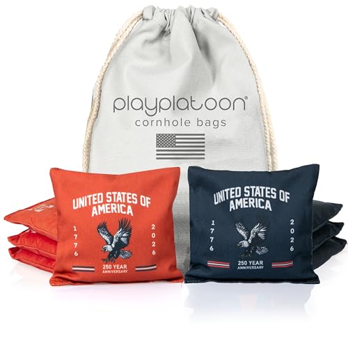 Professional Cornhole Bags - Set of 8 Regulation All Weather Double Sided - Sticky Side/Slick Side Bean Bags for Pro Corn Hole Game - color: Blue/Red 250th Anniversary