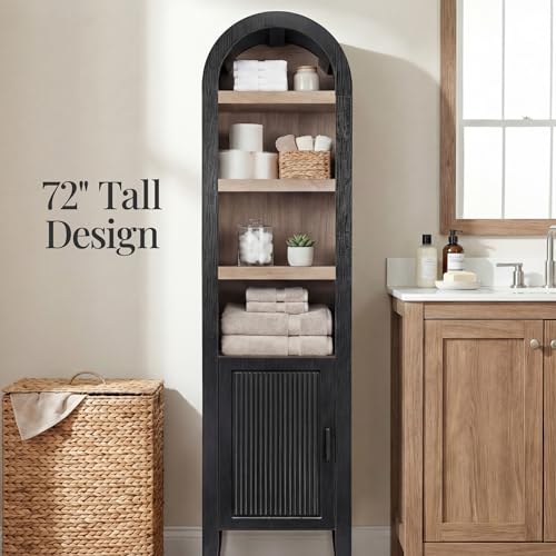 Best Choice Products 72" Tall Narrow Arched Pantry Cabinet w/Reeded Door, 4-Tier Bookshelf, Armoire, Hutch, Bookcase, Storage Cabinet w/Adjustable Shelves, for Dining Room and Livingroom - Black Oak - color: Narrow - Black Oak