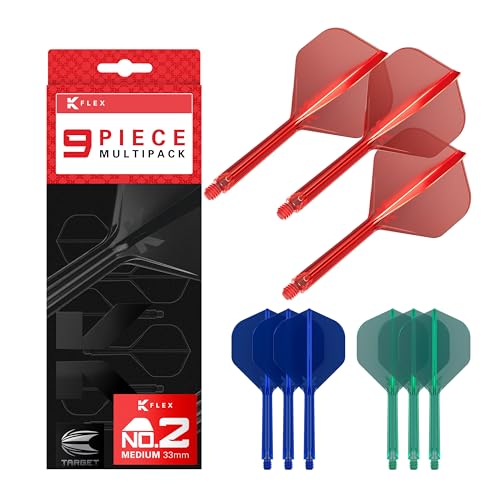 Target Darts K-Flex Integrated Dart Flights and Shafts, Kflex 9 Pack Bundle, Multipack - K Flex 3 Colours | Black, White, Clear, Red, Green, Blue, Pink, Orange, Yellow | Short, Intermediate, Medium - color: Red, Blue & Green, size: Medium Stem (33mm)
