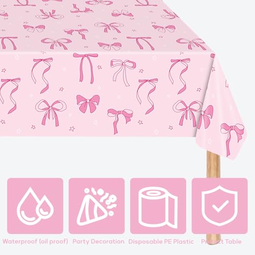 3 Pack Pink Bow Party Tablecloths – 54"x108" Disposable Waterproof Party Table Covers Girls Birthday, Baby Shower, Princess Party Decorations(Pink Bow) - color: Pink Bow Tablecovers