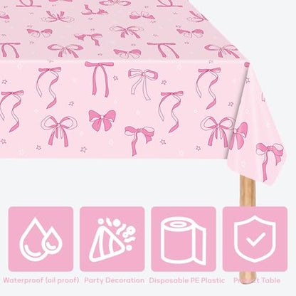 3 Pack Pink Bow Party Tablecloths – 54"x108" Disposable Waterproof Party Table Covers Girls Birthday, Baby Shower, Princess Party Decorations(Pink Bow) - color: Pink Bow Tablecovers