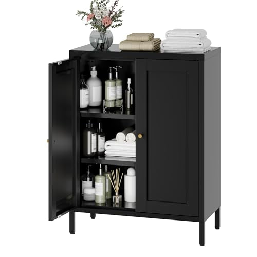 YAUWOH Small Metal Cabinet,Bathroom Storage Cabinet with 2 Adjustable Shelves and 2 Doors,Freestanding Sideboard for Small Spaces, Living Room, Home Office, Dining Room(1PC,Black) - color: Black, size: 2Doors-31.5"H