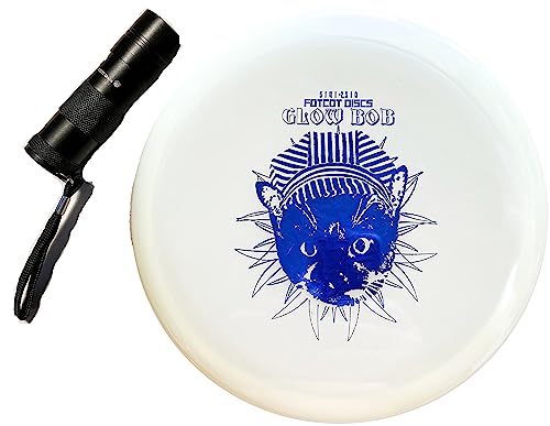 GlowBob Glow in The Dark Midrange Disc Golf Night Light Up Grip Plastic Recharge Cat Bob Stamp (GlowBob Blue + Flashlight)