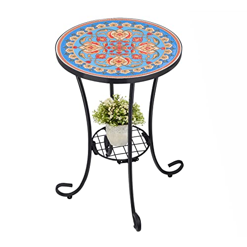 VCUTEKA Outdoor Side Table Mosaic Patio Table Accent Tables Mosaic Tile Top Metal Frame Small End Tables Porch Beach Patio Garden Balcony Blue 14'' - color: Blue