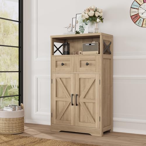 Befrases Natural Wood Storage Cabinet with Drawers and Shelves, Standing Kitchen Pantry Cabinet, Floor Storage Cabinet Hutch Cupboard, Coffee Bar Station for Dining Living Room Home Office - color: Natural, size: 1 Pack