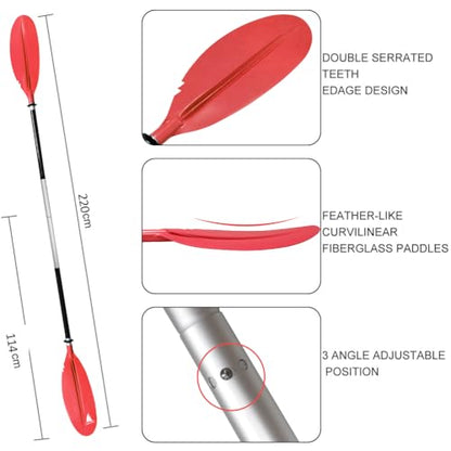 Karltion Kayak Paddle - Adjustable 2 Pieces Aluminum Alloy Shaft with Glass Fiber Blade for Surfing,Oar Fishing Easy Packable Travel - color: Red, size: 86"-1 paddle