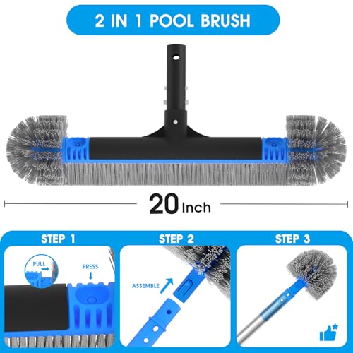 TidyMister 20'' 2 in 1 Pool Brush Head Cobweb Duster Heavy Duty Pool Cleaning Detachable Round Brush with EZ Clip & Wavy Nylon Bristles for Inground Pool & Above-Ground Pool (Without Pole) - size: 20.5inch