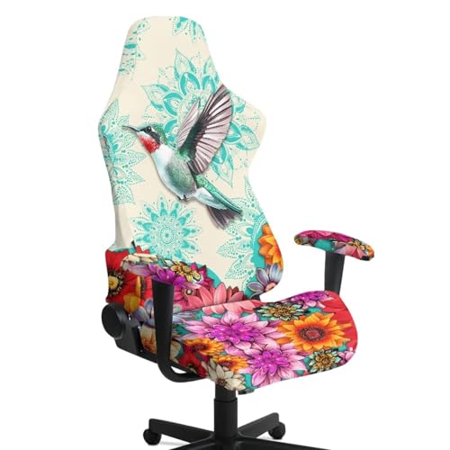 Hummingbird Print Gaming Chair Seat Covers Boho Mandala Flower Print Game Chair Cover with Armrest Covers Skin Friendly Soft Elastic - color: Multi - Hummingbird Boho Mandala Flower