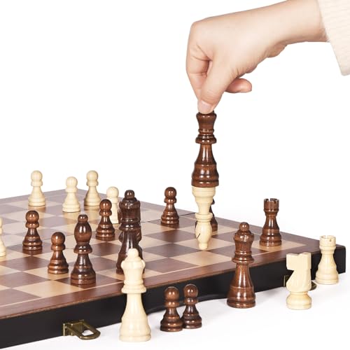 BIVOMON Chess Magnetic Wooden Chess Set 15" Unique Chess Board Game with Chess Pieces Storage Slots, Tournament Portable Folding Travel Chess Sets for Kids Adults Beginner and Pros, 2 Extra Queens