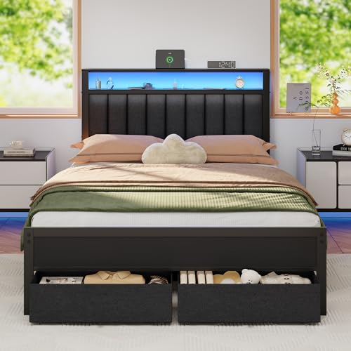 Furnulem Full Size Bed Frame with Charging Station and LED Lights, Grey Upholstered Headboard with Shelves, Metal Platform Bed with 2 Under-Bed Storage (Fabric Drawer on Wheels), No Box Spring Needed - size: Full