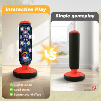 Kids Inflatable Punching Bag with Electronic Score Counter Music Lights 4 Game Modes, Complete Boxing Set with Gloves Air Pump, Indoor Outdoor Martial Arts Toy Gift for Boys Girls 4-12