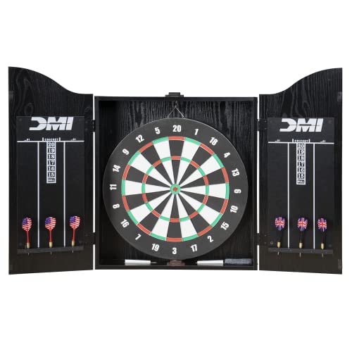 DMI Americana Dartboard Cabinet Set with 18-Inch Paper Dartboard, Reversible Baseball Game, Built-in Cricket Scoring, Darts, Chalk & Mounting Hardware – Classic Black Finish