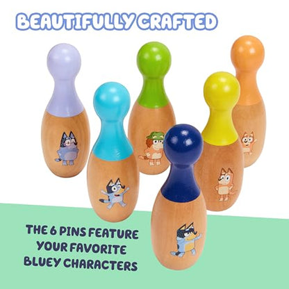 Bluey Wooden Bowling Set – Skittle Game with 6 Character Wooden Bowling Pins, Durable Toy for Kids Ages 3+, Indoor & Outdoor Play - style: Bowling Skittles