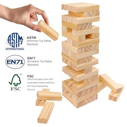 Offelec Wooden Blocks Stacking Games - 54 pcs Tumbling Tower Blocks Game for Kids & Adults, Family Board Games, Montessori Toys with Natural Wood Blocks, Portable Stacking Toys Party Games - style: Color Box