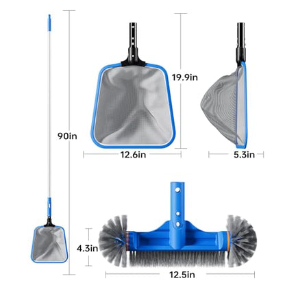 Sepetrel Deluxe Swimming Pool Cleaning Kit Including Half-Deep Fine Mesh Pool Leaf Skimmer Net,12" Round Pool Brush Head & 70.5" Pole, for Above Ground Pools,Ponds,Spas,Hot Tubs