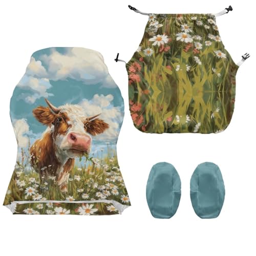 Suobstales Cow Daisy Flower Pattern Gaming Chair Cover Set, Stretchable Game Chair Slipcovers with 2 Armrest Covers, Scratch-Proof Gamer Desk Chair Covers for Computer Office Seat - color: Cow Daisy Flower