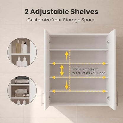 24 x 33 Inch Wall Cabinet set of 1, Kitchen Wall Mounted Wooden Storage Cabinet, Double Door Cabinet with Soft Close, Metal Handle, Adjustable Shelf, for Kitchen, Garage, Laundry, Bathroom, White - color: White