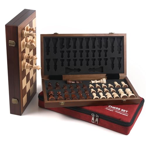 15" Magnetic Chess Set with Foldable Board & Travel Bag - Professional Wooden Chess Game, Luxury Storage Bag - Perfect Christmas/Birthday for Men, Dad (Chess Set + Bag) - color: Red