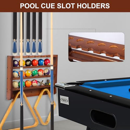 Pool Stick Holder - 7 Pool Cue Rack Wall Mount With Cue Rest and Ball holder, Wooden Pool Table Accessories Equipment Organizer, Billiard Cue Racks for Game Room Men Cave- Brown - color: Brown
