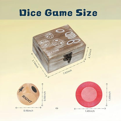 Left Right Roll Dice Game Set - 3 Wooden Dice & 72 Chips in Wooden Box | Portable Travel Party Game for Family, Friends, Adults (Rustic Brown)