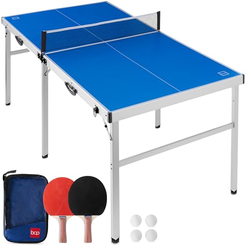 Best Choice Products Portable Ping Pong Table, Mid-Size Folding Indoor Outdoor Table Tennis w/ 2 Paddles, 4 Balls Included, Carrying Bag - color: Blue