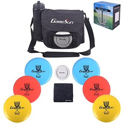 DISC Golf Set-Includes 1pc Heavy Duty Nylon Carry Bag, 2pcs Drivers, 2pcs Mid-Ranges, 2pcs Putters, 1pc Mini Disc Marker, 1pc 12”x12” Embroider Logo Black Towel and 1pc Gift Color Box - color: Black