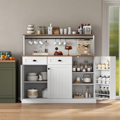 Gyfimoie Sideboard Buffet Cabinet with 2 Drawers, Farmhouse Kitchen Pantry with Adjustable Shelves, Coffee Bar Cupboard Cabinet with 3 Doors for Kitchen, Dining Room (White) - color: White