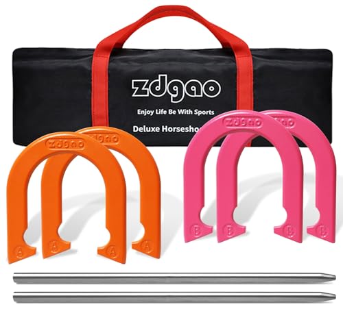Horseshoes Outside Game Set-Portable Outdoor Horseshoe Set Includes 4 Professional Solid Steel Horseshoes with Solid Steel Stakes & Carrying Bag, Perfect for Backyard and Beach - color: Orange & Pink 24"