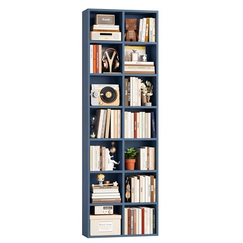 FOTOSOK 71'' Tall Bookshelf with 14 Cubes, 7 Tier Double Wide Bookshelf with 6 Adjustable Shelves, 19.6" Narrow Bookcase DVD/CD Media Storage Shelf, Space Saving Display Shelf Cabinet, Blue - color: Blue