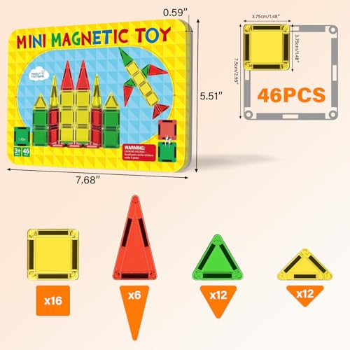 46PCS Mini Magnetic Tiles, Magnetic Tiles Travel Set with Case, STEM Educational Building Set Construction Toys for Kids Ages 3+, Portable Building Toys for Toddlers, Boys & Girls Birthday Gift - style: 46 PCS