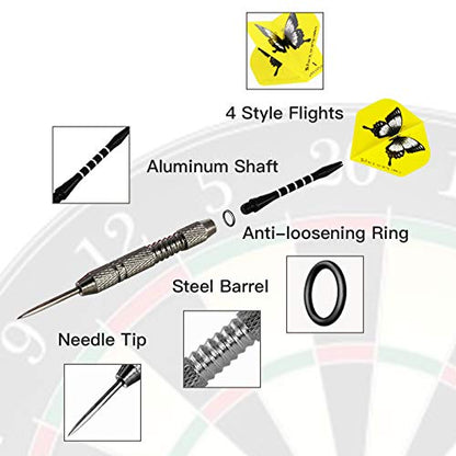 Steel Tip Darts Set, 12 Pack 24 Grams Professional Metal Dart Set with 20 Flights(4 Style) + 12 Aluminium Shaft