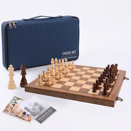 Ajedrez Magnetic Wooden Chess Set, 15" Walnut Folding Chess Board with Handcrafted Pieces 2 Extra Queens, Portable Travel Chess Board Game for Adults Kids, Gift Box & Storage Bag - color: Blue