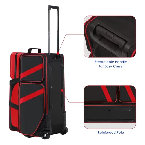 3 Ball Bowling Roller Bag with Smooth Wheels & Shoe Compartment, Heavy Duty 3 Ball Bowling Bag with Retractable Handle, Large Capacity Bowling Bag with Multi-pockets for Tournament, Travel, League - color: Red