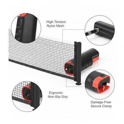 Retractable Table Tennis Net Set, Portable Nylon Ping Pong Net for Flat Surfaces, Damage-Free Setup - color: Black