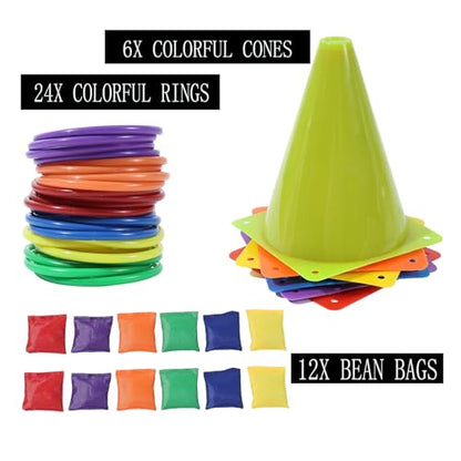 42 pcs 3-in-1 Carnival Games Set Plastic Colorful Cones Ring Toss Combo Set Outdoor Carnival Games Bean Bag for Kids Adults Birthday Party Outdoor Throwing Games