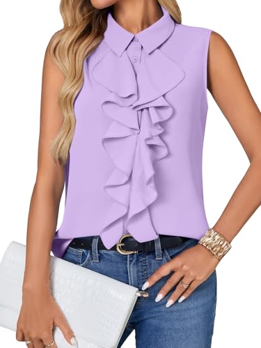 Vrtige Women's Summer Tank Top Button Down Ruffle Front Collar Neck Sleeveless Blouse Shirt Top - color: Light Purple, size: X-Small