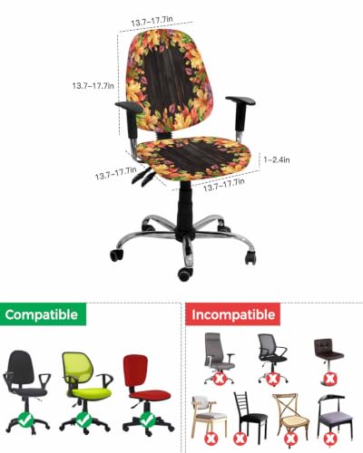 Savannan Office Chair Cover, Fall Watercolor Maple Leaves Protective Stretch Elastic Universal Cover for Desk Task Chair,Computer Rotating Chair 1 Pcs Thanksgiving Plant on Dark Wood