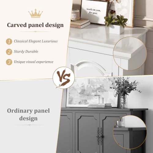 Hlivelood 65" Buffet Cabinet with Storage, Mid Century Modern Sideboard with Adjustable Shelves, Paint Cabinet, Wood Carving Design, Brass Carved Handles & Solid Wood Gourd Legs, Pearl White - color: Pearl White