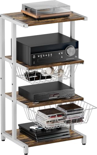 Media Stand with Two Detachable Baskets, 4-Tier AV Media Stand Corner Shelf for DVD Players/Cable Boxes/Games Consoles, Audio Storage Rack for Living Room, Gaming Room, Music Studio, White - color: White, size: Two Baskets