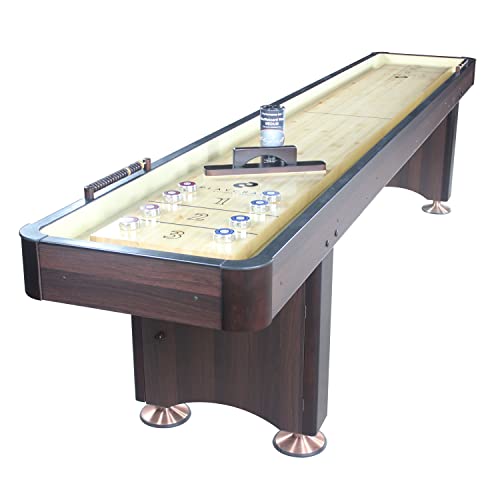 Playcraft Woodbridge Shuffleboard Table with Storage Cabinet - Shuffle Board Game Table Set with Matching Abacus, 8 Pucks, Brush & Wax (Made in USA) - Pro Style Climate Adjusters - color: Espresso, size: 12 Feet - 1 Piece