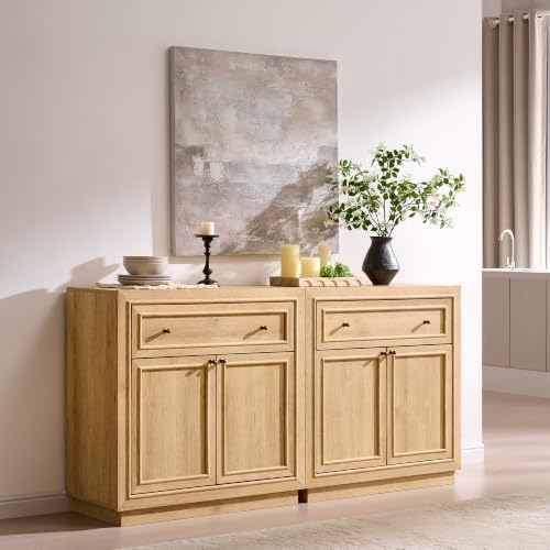 ACCOHOHO Modern Farmhouse Buffet Cabinet, 63" Sideboard Credenza, Modular Storage Cabinet with Framed Panel Fronts, 4 Doors, 2 Drawers, Adjustable Shelves & Dual Base Design, Natural Oak - color: Natural Oak, size: 2 Piece