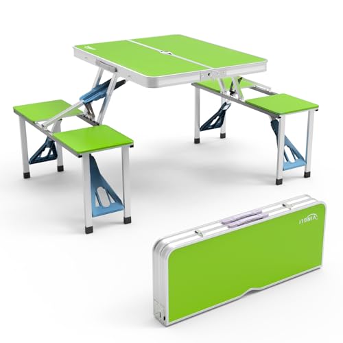 VINGLI 4Ft Portable Folding Picnic Table Camping Table Foldable Set with 4 Seats with Umbrella Hole Suitcase Card Table-220 Lbs Support Aluminum Frame, Plastic RV Tabletop for Yard, Travel-Black - color: Green