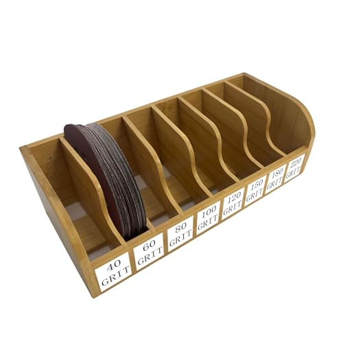 Bamboo Sandpaper Holder & Organizer - Pre-Assembled Storage for 5 Inch Sanding Discs, Sanding Blocks & Saw Blades | Compact & Durable Woodworking Tool Accessory (8 bins) - size: 8 bins