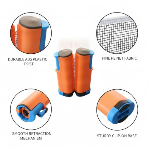 Retractable Table Tennis Net and Post Set, Clip-On Portable Ping Pong Net for Flat Surfaces, ABS Plastic - color: Orange