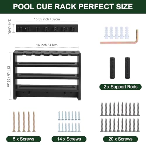 Pool Stick Holder - 7 Pool Cue Rack Wall Mount With Cue Rest and Ball holder, Wooden Pool Table Accessories Equipment Organizer, Billiard Cue Racks for Game Room Men Cave- Black - color: Black