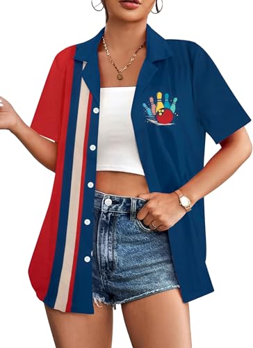 Bowling Shirts Women Hawaiian Bowling Shirt Bowling Lover Gift Tops Bowler Button Down Short Sleeve Tee - color: Blue-1, size: XX-Large