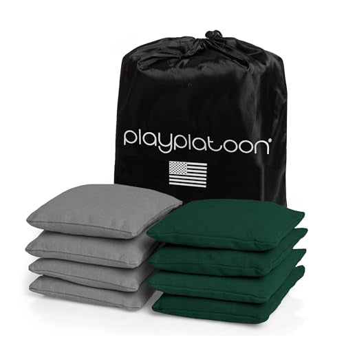 Play Platoon Cornhole Bags Weather Resistant- Set of 8 Regulation Bean Bags for Tossing- Official Professional Size & Weight Corn Hole Bags Two Color All Weather Cornhole Beans Bag Set with Tote Bag - color: Hunter Green & Gray
