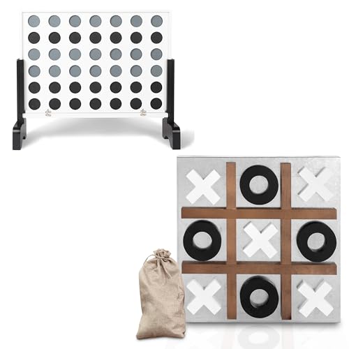 Play Platoon Giant 4 in a Row Outdoor Game & Magnetic Tic Tac Toe - Wooden Yard Game with Case & Rustic Metal/Wood Board for Family Fun & Room Decor