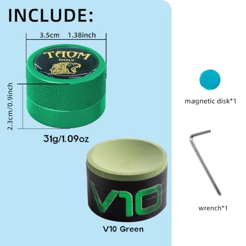 TAOM Pool Chalk Holder Round Shaped Practical Tool Billiards Accessories Magnetic Mini Chalk Tip Case Container Round Box Billiards - color: 5-Green Holder with V10 Chalk