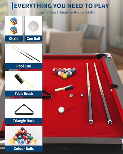 7 Foot Pool Table for Family, Foldable No Assembly Pool Table with Balls, Cues, Chalk, Rack & Brush, Portable Billiards Game Table for Apartment, Basement, Office & Game Room - size: Red-6FT